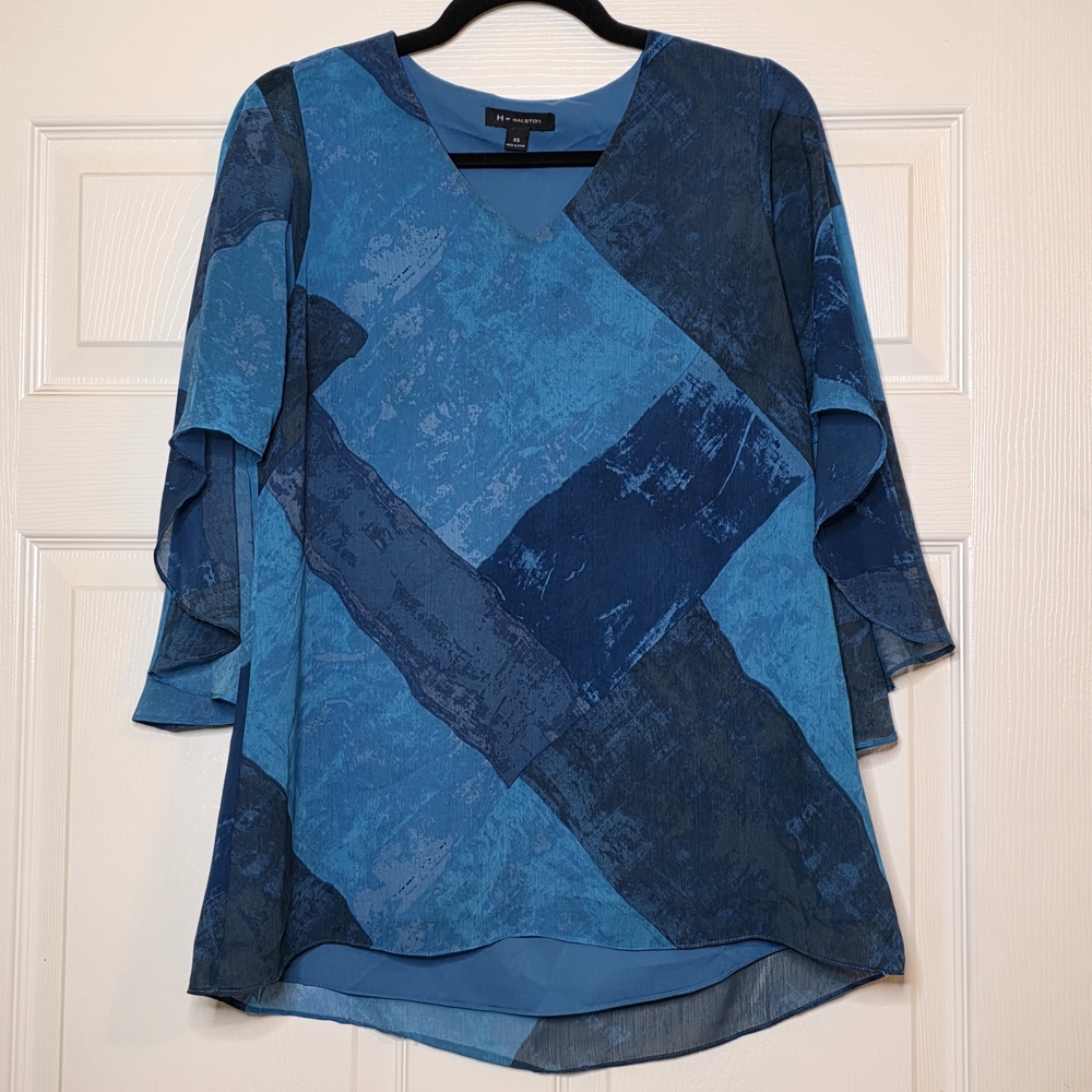 H By Halston Capelet Flutter Sleeve Women's Blue Patterned Top Size XS Blouse